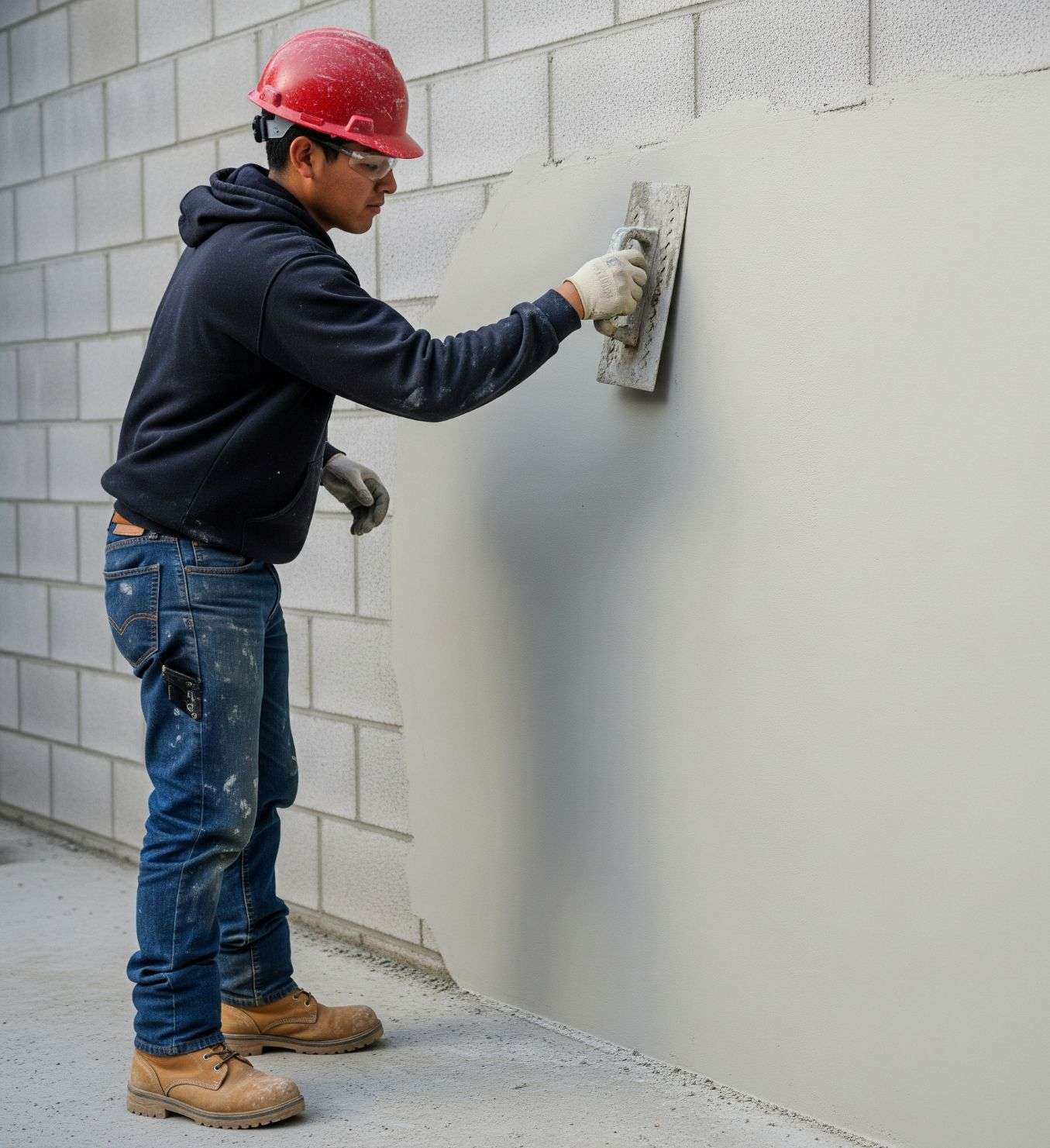 A close-up view of a worker meticulously applying the final coat of stucco to a CMU wall, highlighting the smooth finish.