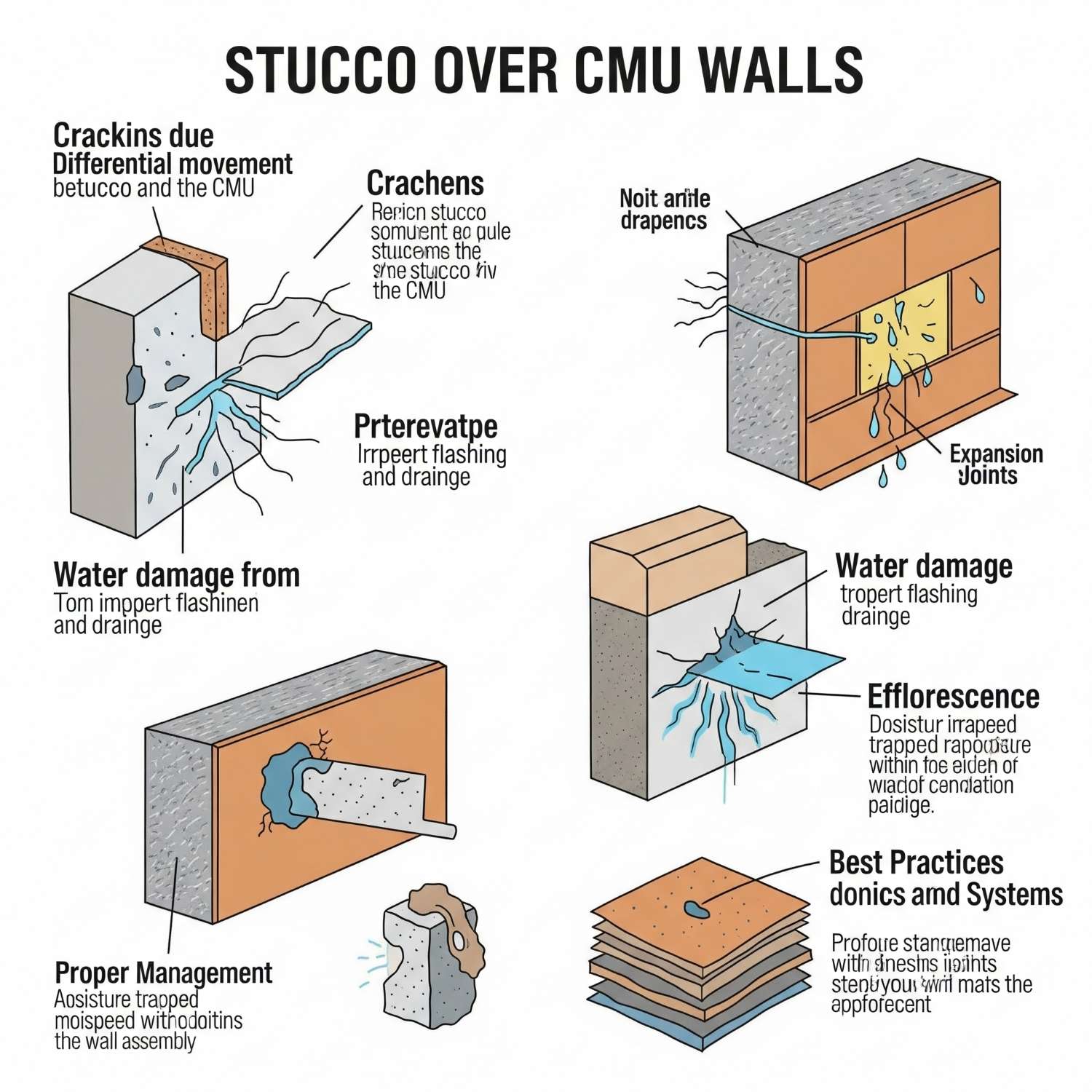 An infographic illustrating common risks of stucco over CMU walls, including cracking, water damage, and efflorescence, with best practices.