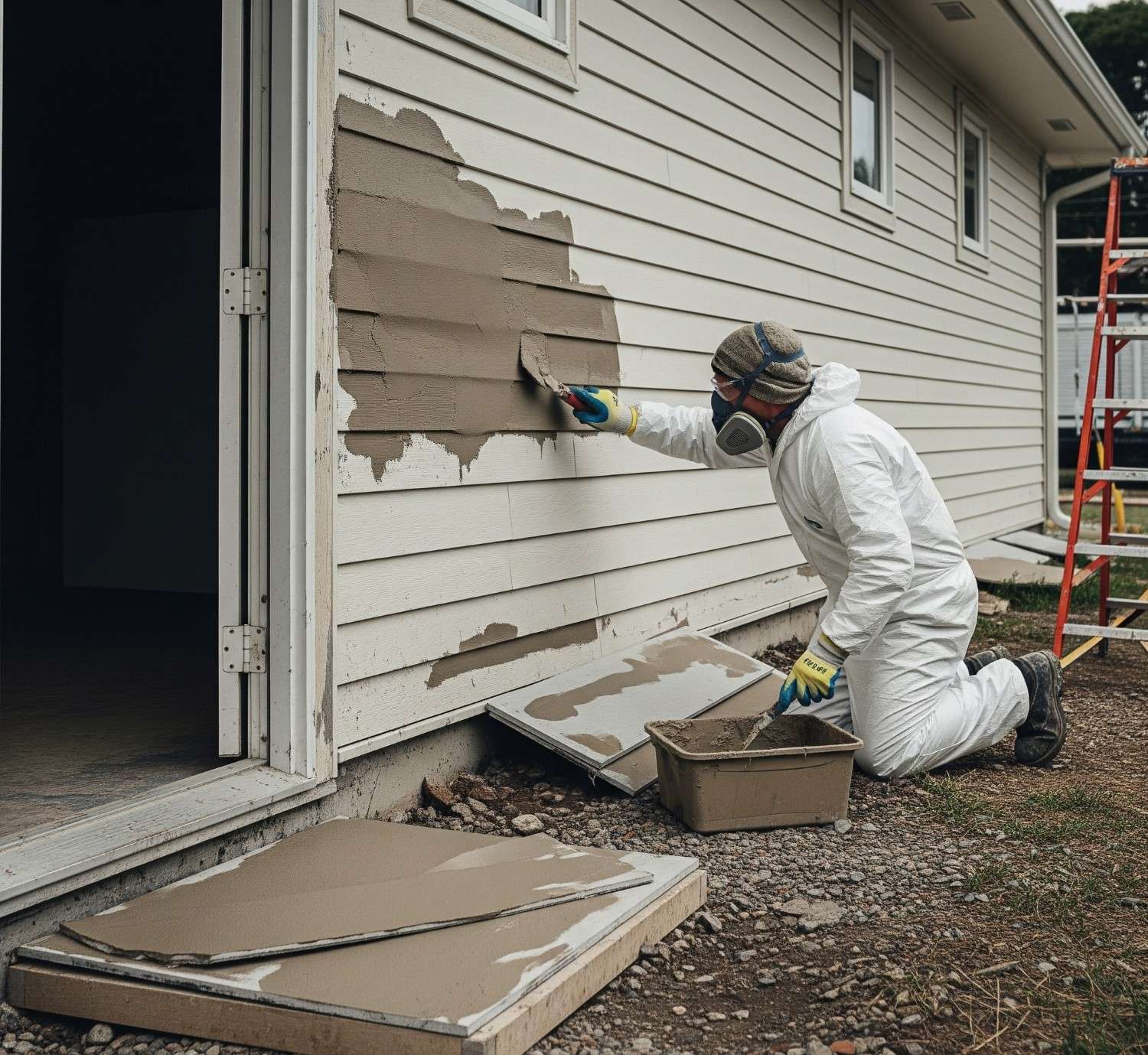 A worker in full protective gear carefully applying stucco over asbestos siding, emphasizing safety protocols.
