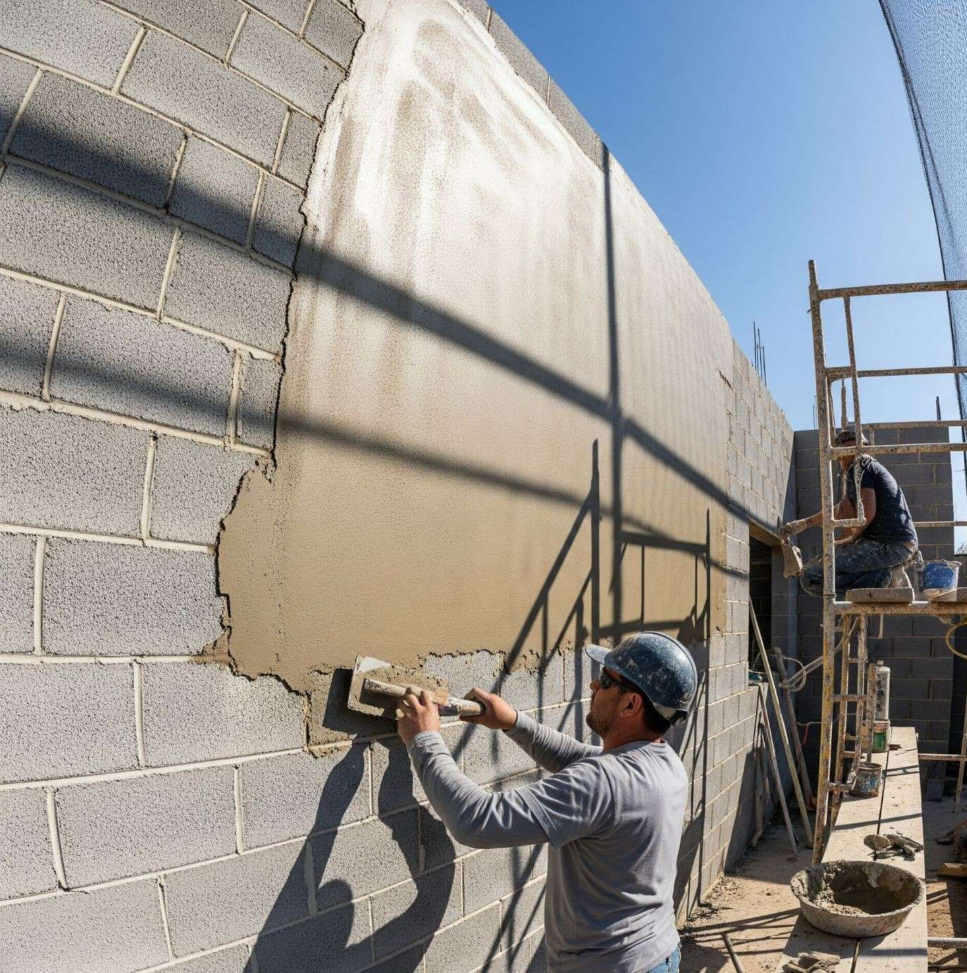 A construction worker applying stucco to a concrete masonry unit (CMU) wall, showing the process and texture.
