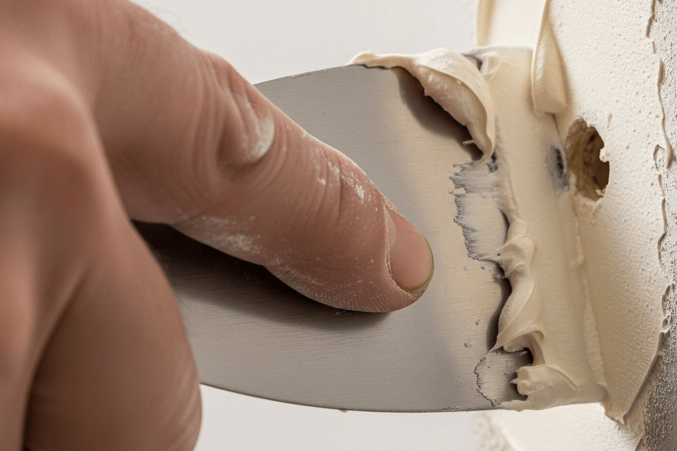 Close-up of filling a small nail hole in a white wall with spackle using a putty knife