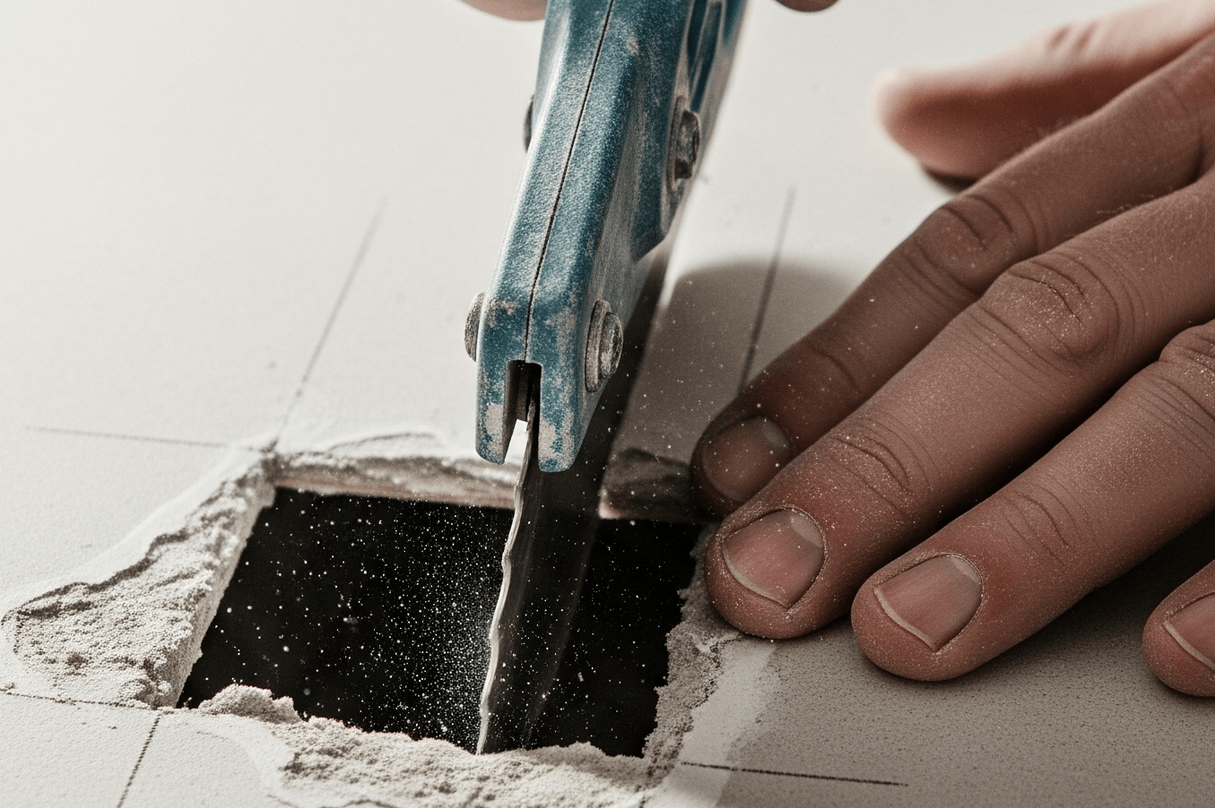 Person cutting a jagged hole in drywall into a neat square with a drywall saw